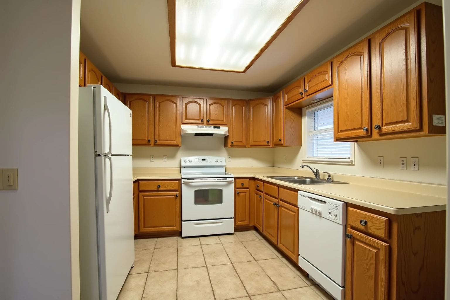 Dated kitchen with honey oak arched raised-panel doors, almond laminate counters, white appliances and a fluorescent ceiling box.